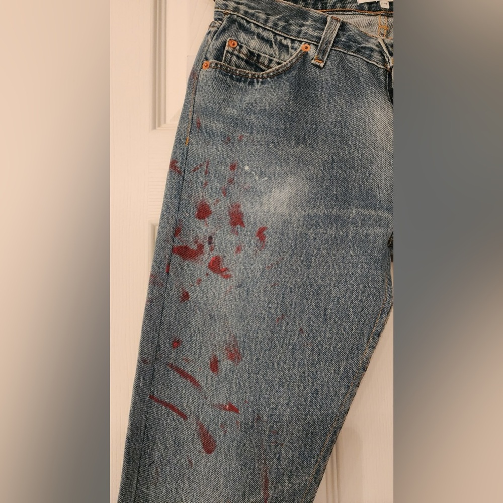 REDONE Blue Relaxed Crop Red Paint Splatter Women’s Cotton Denim Jeans Size 24 - Picture 6 of 15